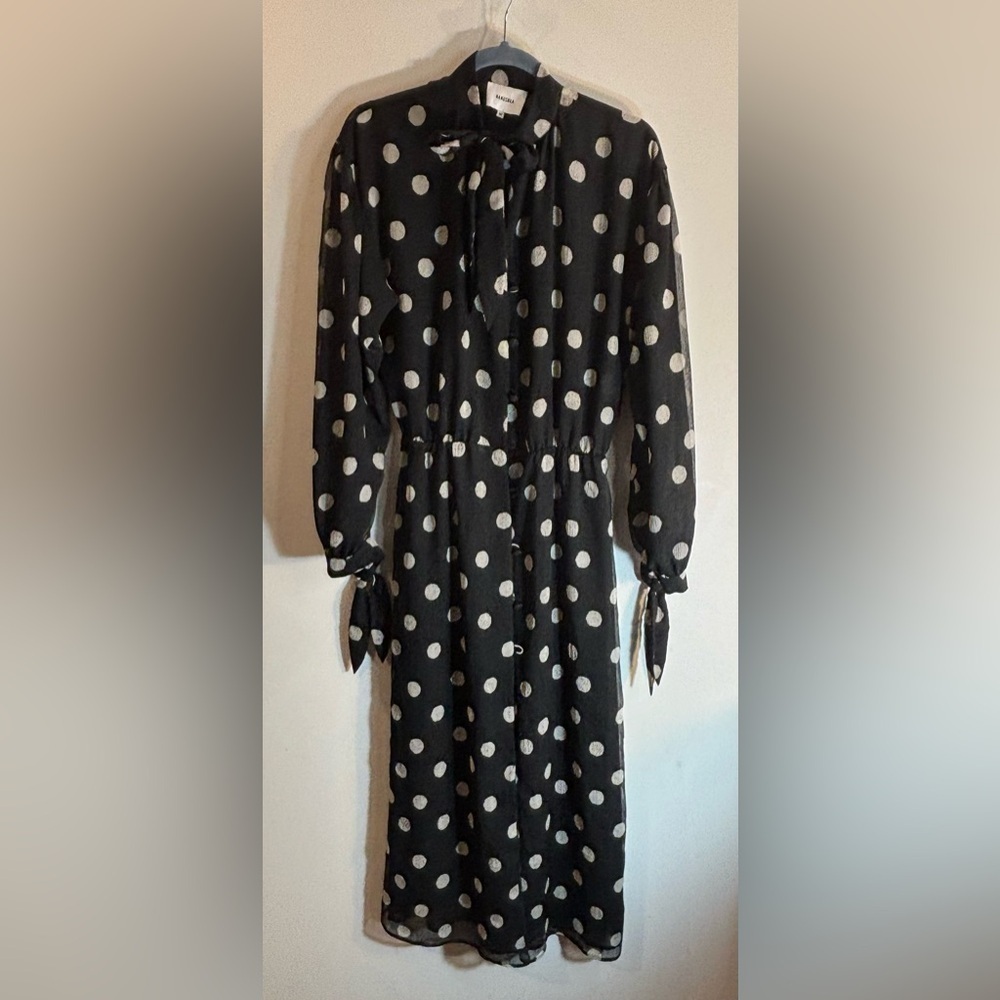 NANUSHKA Sz XS Midi Dress Polka Dot Double Sheer Buttoned Bow Neckline and Cuffs